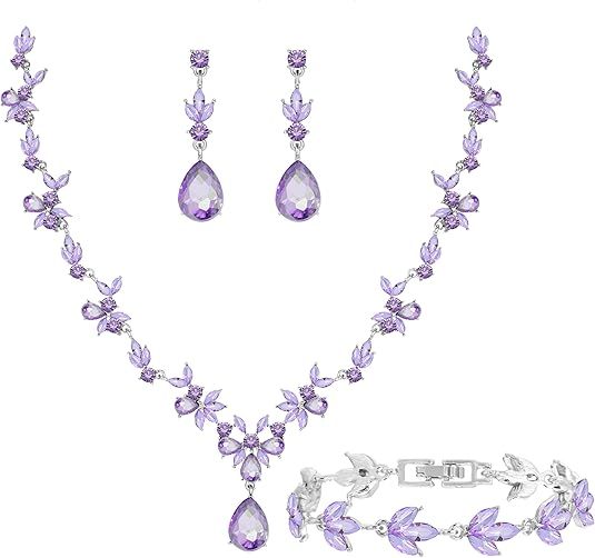 Purple Crystal Jewelry Set With Necklace, Earrings, Bracelet