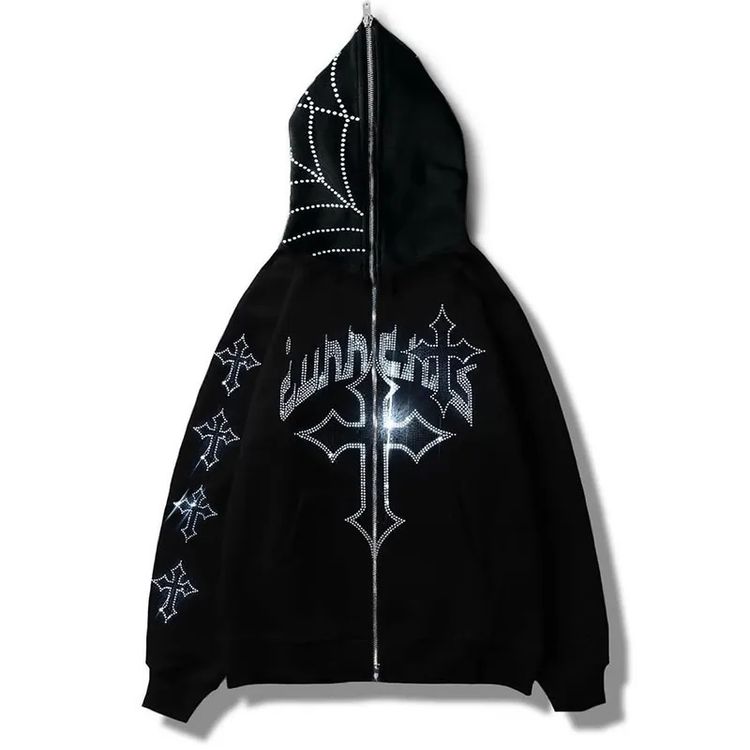 Lunatic Black Zip-Up Hoodie With Rhinestone Crosses And Spiderweb Design image 1