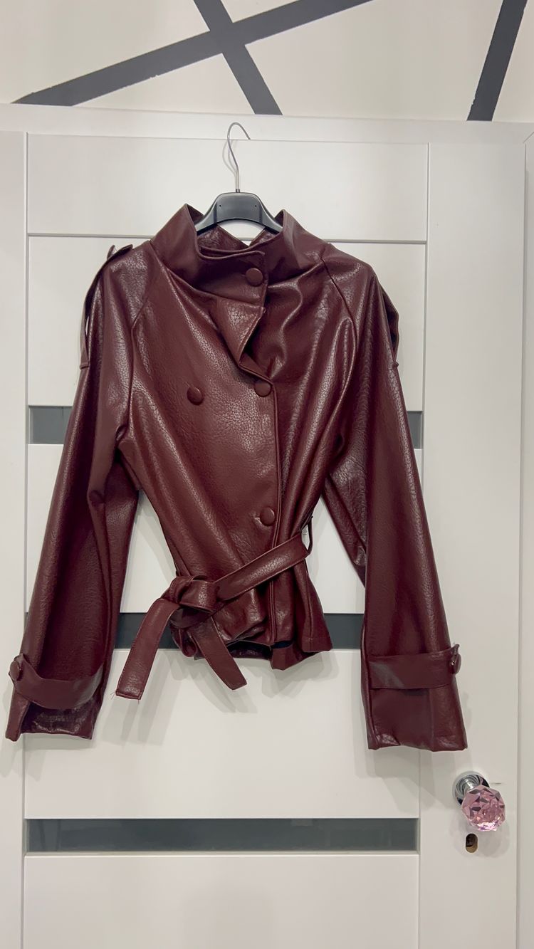 Brown Faux Leather Jacket With Belt imagen 2