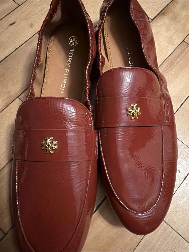 Tory Burch Ballet Loafer Flats Shoes Smoked Paprika Patent Leather Logo Uk 8 BN image 1