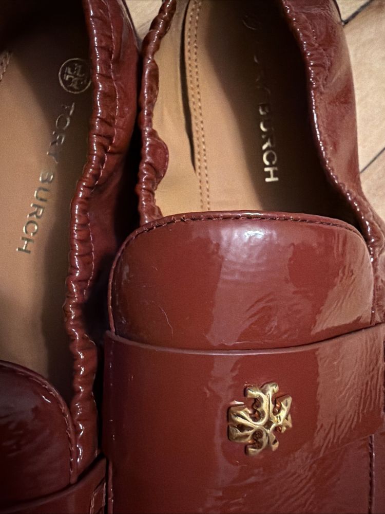 Tory Burch Ballet Loafer Flats Shoes Smoked Paprika Patent Leather Logo Uk 8 BN image 2