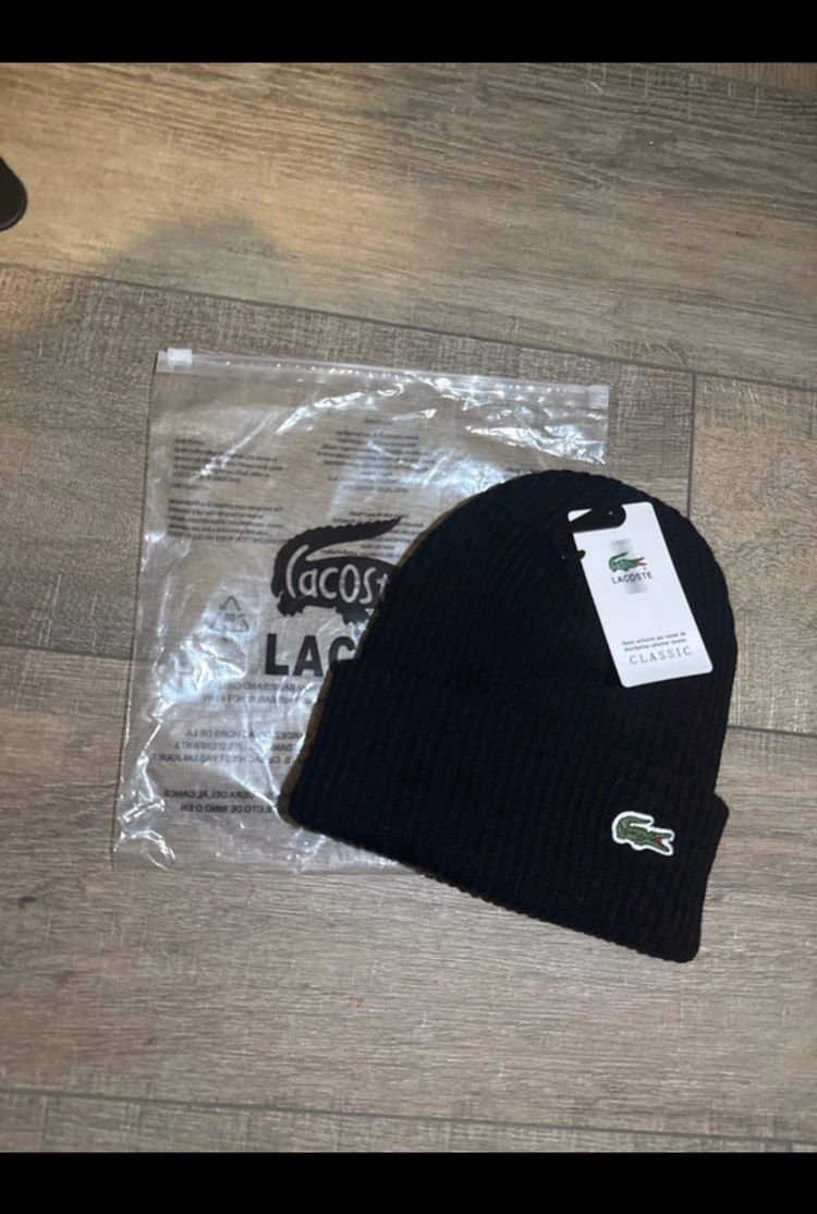 Lacoste Black Ribbed Beanie Hat