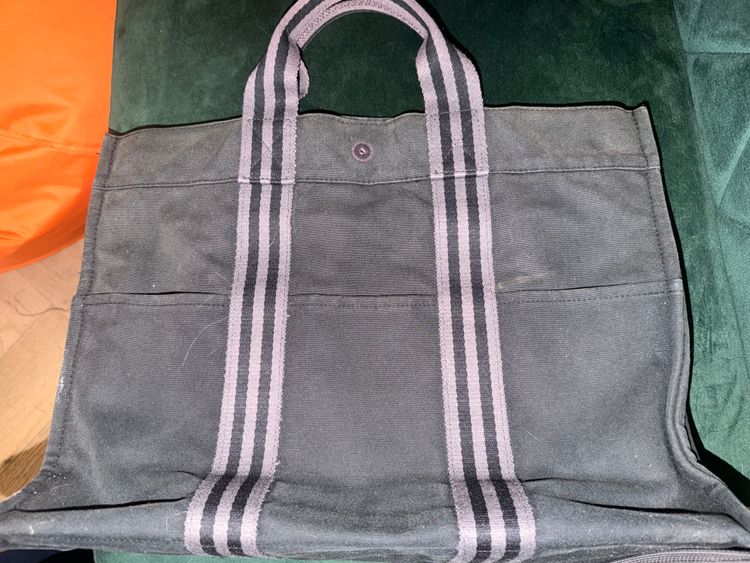 Hermes Black Tote Bag With Striped Handles 2