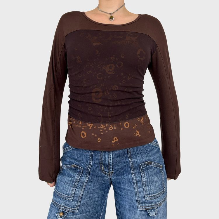 Cop Copine Brown Graphic Mesh Overlay Long Sleeve - S/M