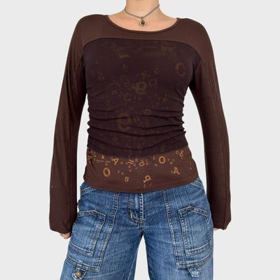 Cop Copine Brown Graphic Mesh Overlay Long Sleeve - S/M