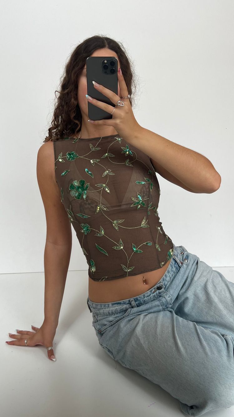 00s khaki sequin top- size S 4
