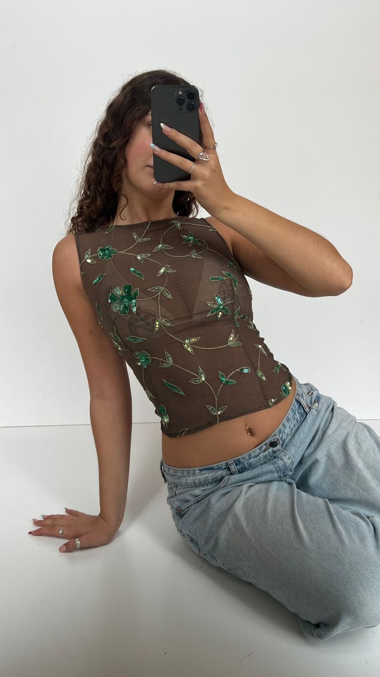 00s khaki sequin top- size S