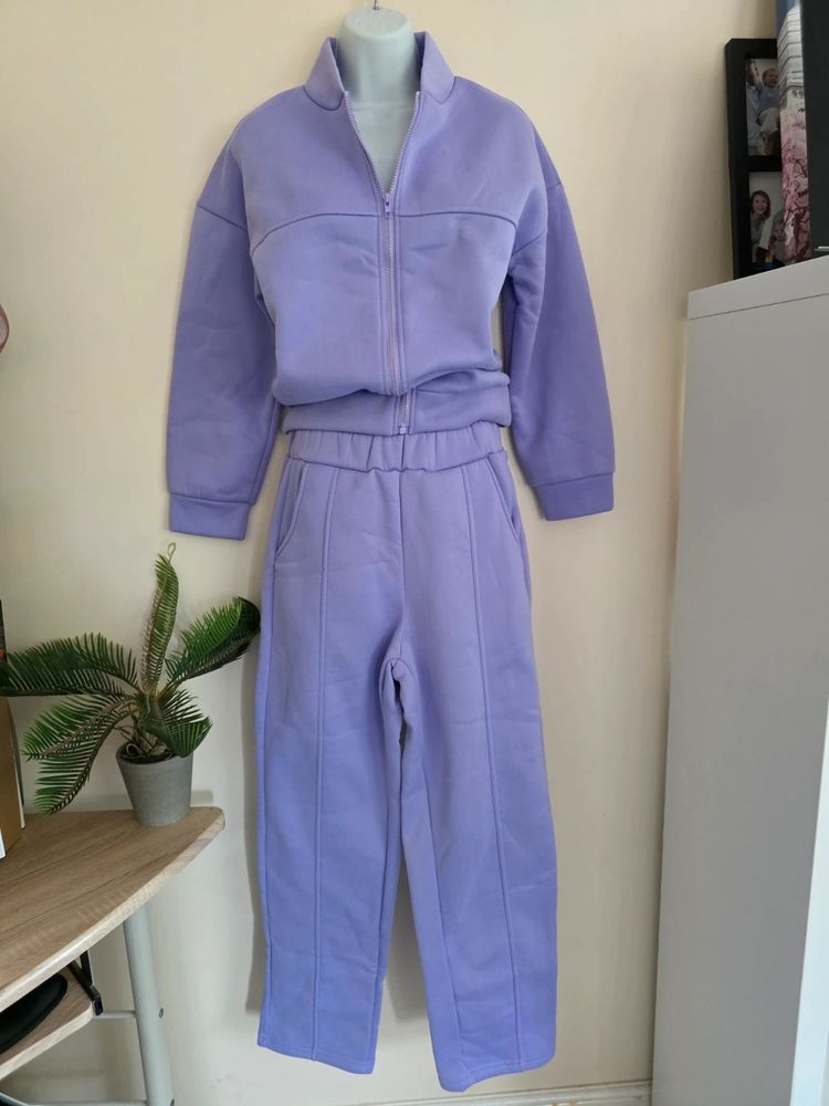 💜 Lilac Purple Fleece-Lined Zip Jacket & Pintuck Joggers Tracksuit Set (Size S / UK 8-10) 🛼 imagen 1