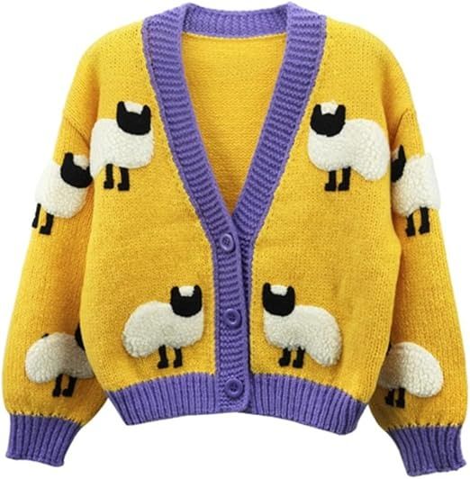 Yellow Cardigan With Purple Trim And Sheep Pattern