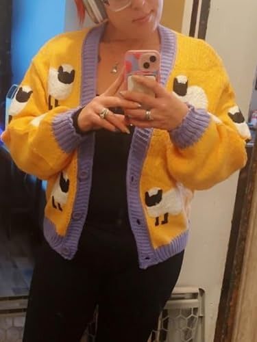 Yellow Cardigan With Purple Trim And Sheep Pattern image 2