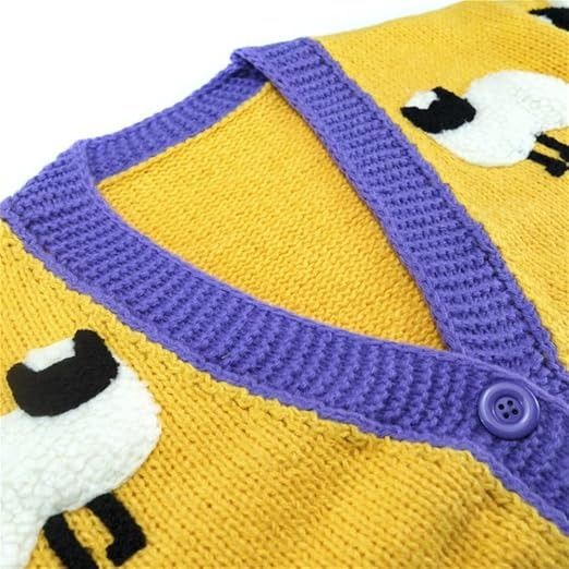 Yellow Cardigan With Purple Trim And Sheep Pattern image 3