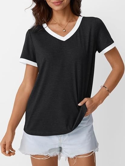 Black V-Neck T-Shirt With White Trim 3