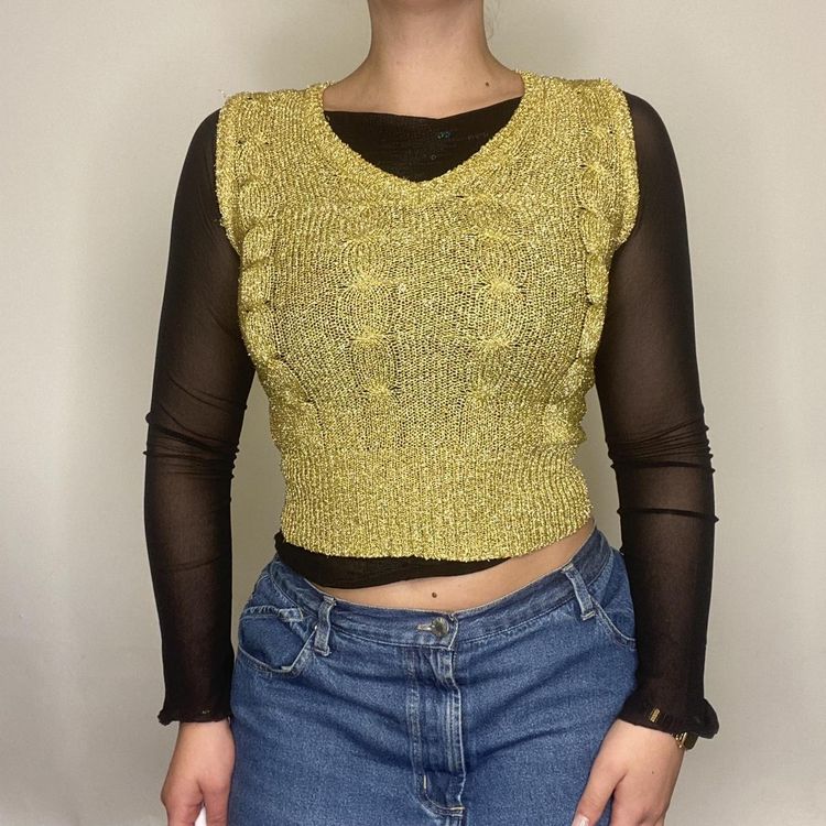90s 00s gold sparkle knit v-neck vest top   2