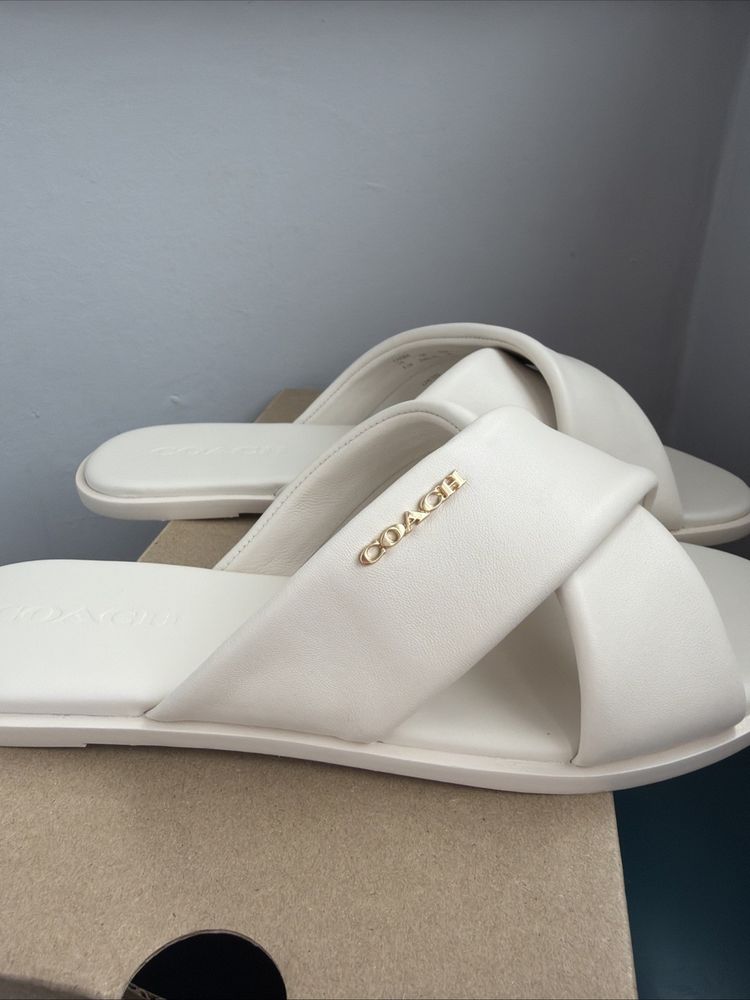 Coach Link Criss Cross Slides Flats Sliders Chalk Leather Uk 6.5 BNIB £225 image 3