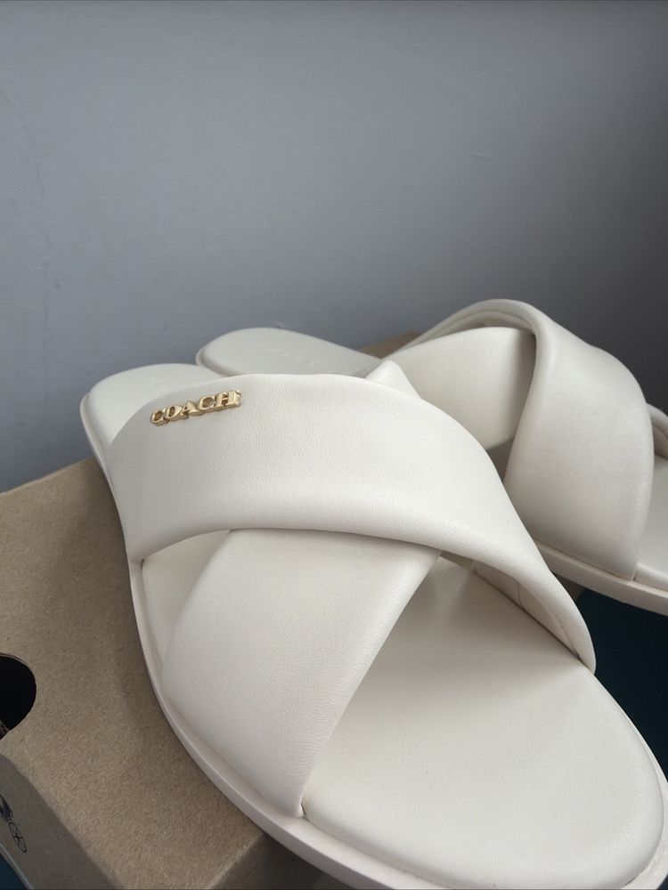 Coach Link Criss Cross Slides Flats Sliders Chalk Leather Uk 6.5 BNIB £225 image 2