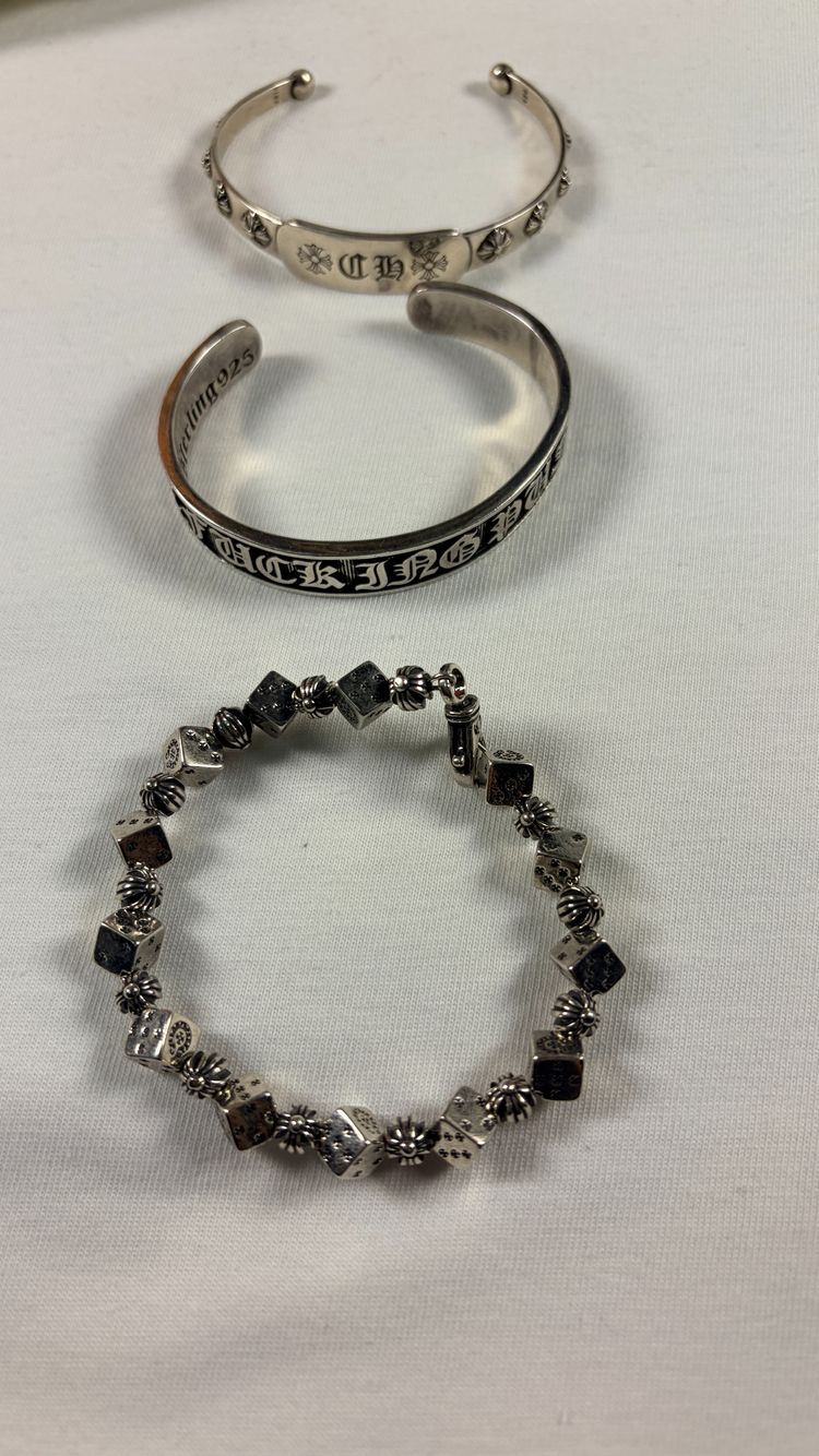 Lot of 3 Gothic Style Jewellery: 2 Cuff Bangles + Dice Bead Bracelet