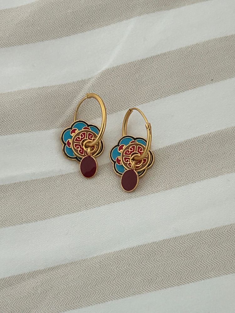 Other Gold-Tone Hoop Earrings With Colorful Floral Design And Red Oval Charm product image