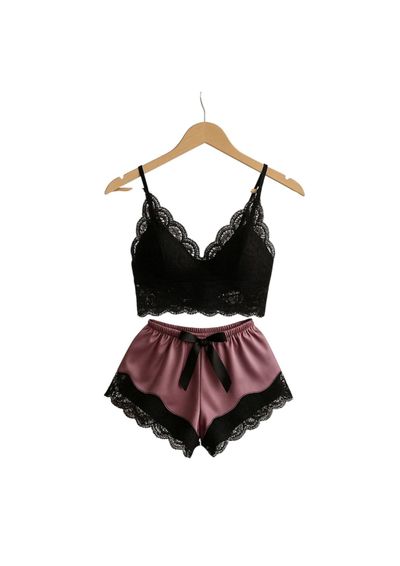 Black Lace Bralette And Mauve Satin Shorts Set