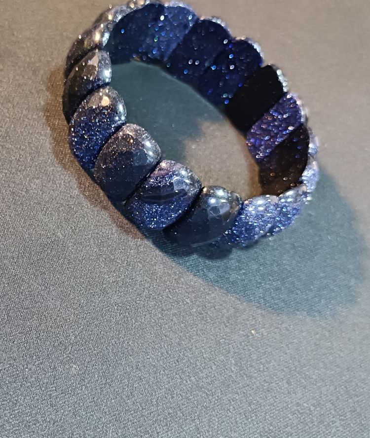 Blue Sandstone Faceted Brick Link Stretch Bracelet 3