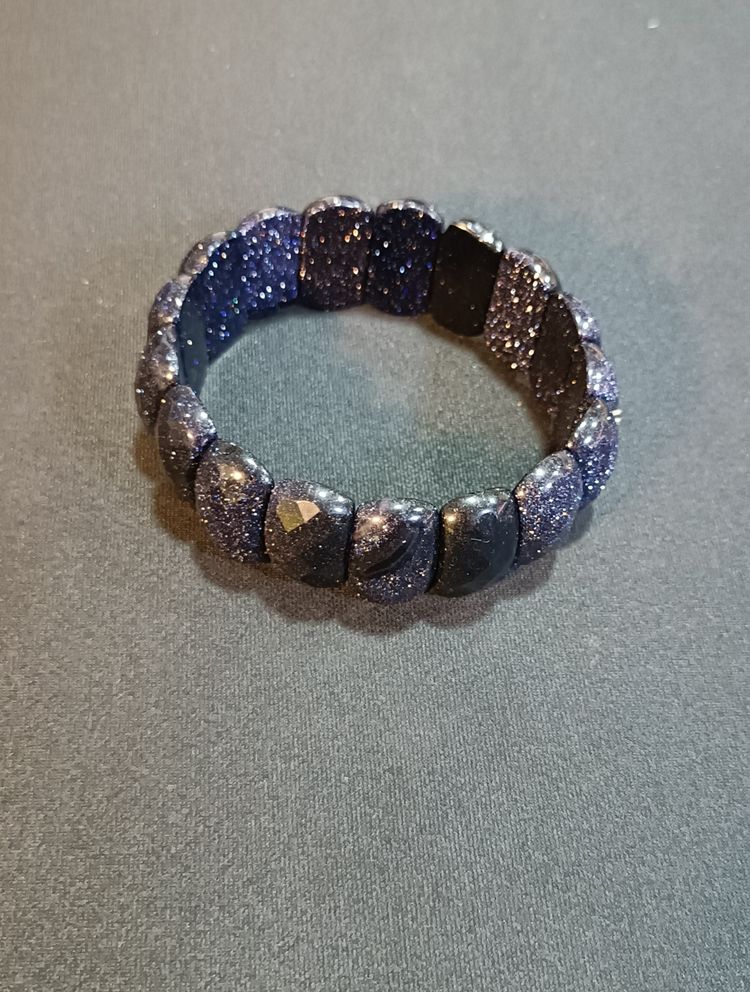 Blue Sandstone Faceted Brick Link Stretch Bracelet