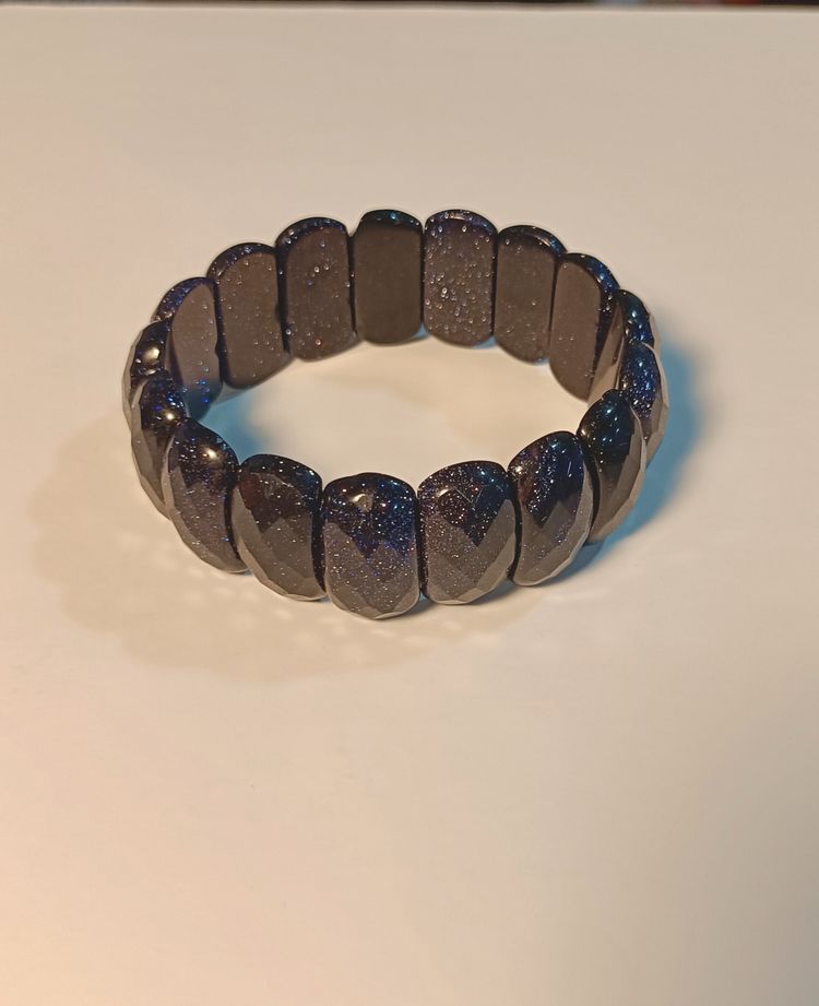 Blue Sandstone Faceted Brick Link Stretch Bracelet 8