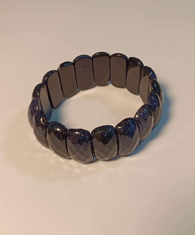 Blue Sandstone Faceted Brick Link Stretch Bracelet 10