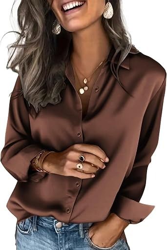 Brown Satin Long Sleeve Shirt obraz 3