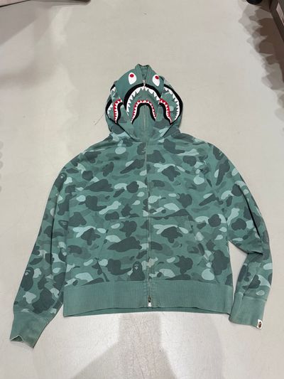Green Camo Zip-Up Hoodie With Shark Face Design On Hood