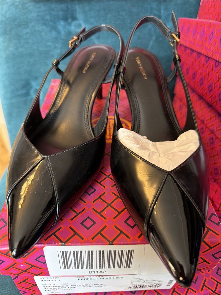 Tory Burch Triangle Slingbacks Patent Black Leather Uk 5.5 BNIB Kitten Heel image 1