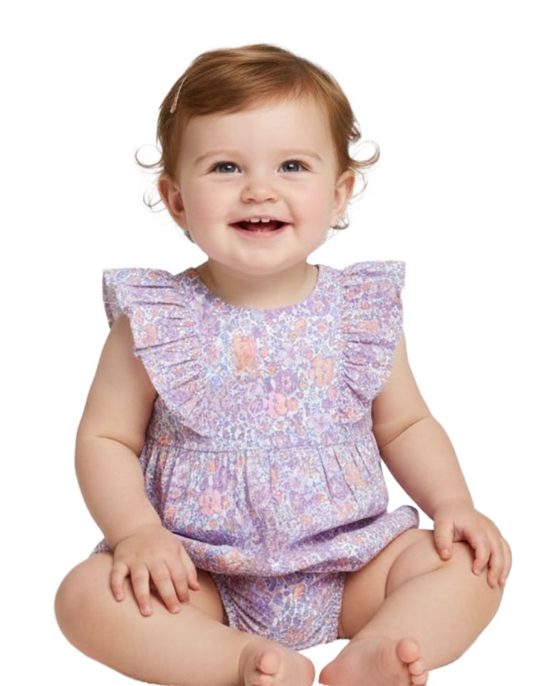 Jojo Maman Bebe Floral Frill Bubble Romper in Lilac Tropical 1