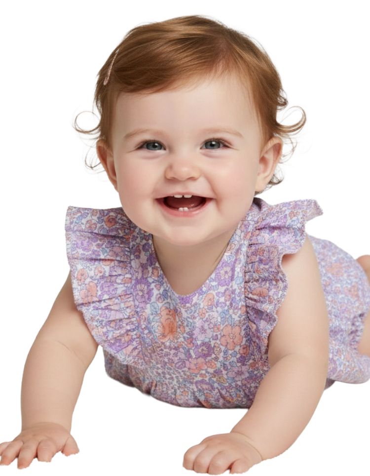Jojo Maman Bebe Floral Frill Bubble Romper in Lilac Tropical 2
