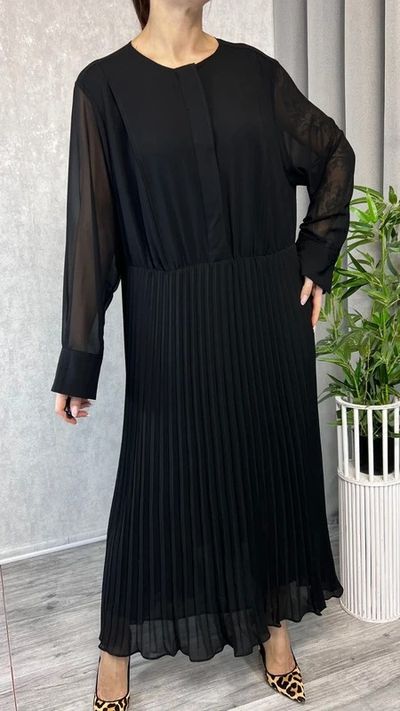 Elegancka sukienka midi plisowana czarna szyfonowa z długim rękawem rozmiar 46 18 plus size 1