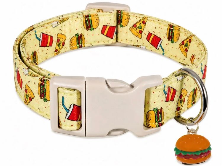  Adjustable Dog Collar with Fast Food Print and Burger Charm