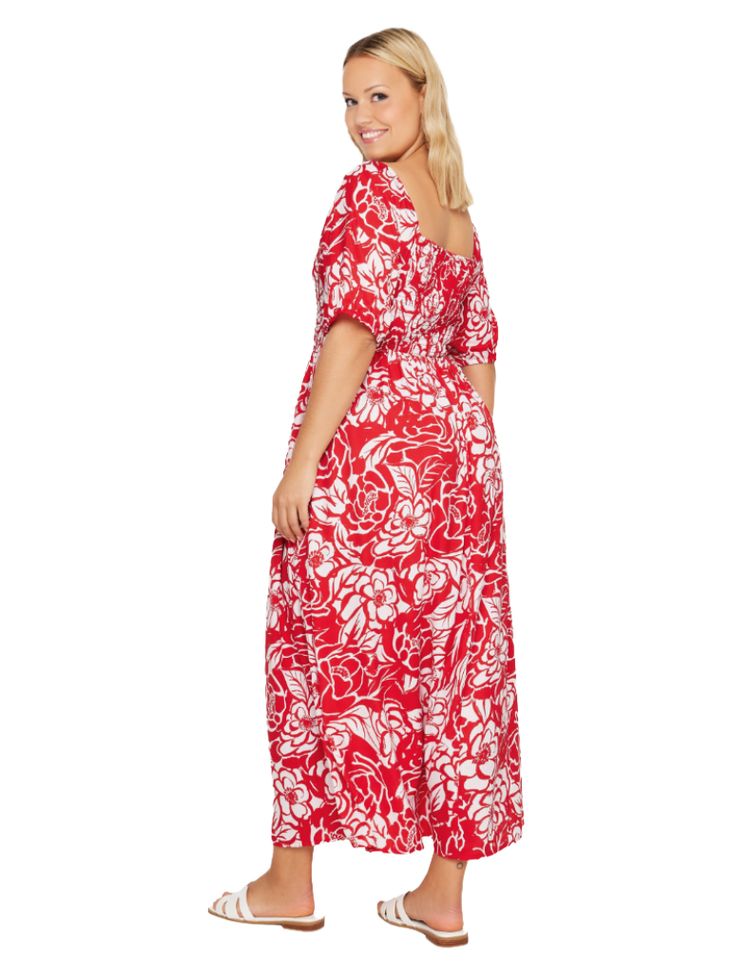 Women's Abstract Floral Print Shirred Maxi Dress in Red (Imperfect) 4