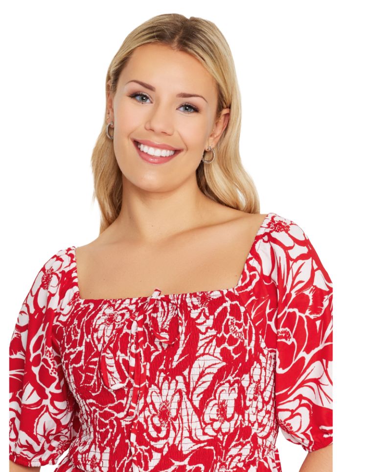 Women's Abstract Floral Print Shirred Maxi Dress in Red (Imperfect) 6