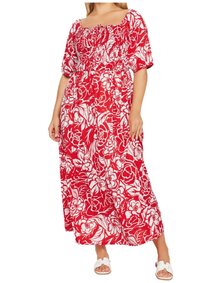 Women's Abstract Floral Print Shirred Maxi Dress in Red (Imperfect) 5