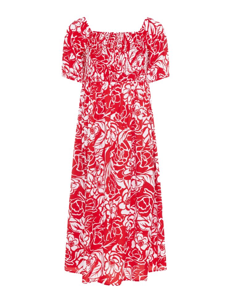 Women's Abstract Floral Print Shirred Maxi Dress in Red (Imperfect) 3