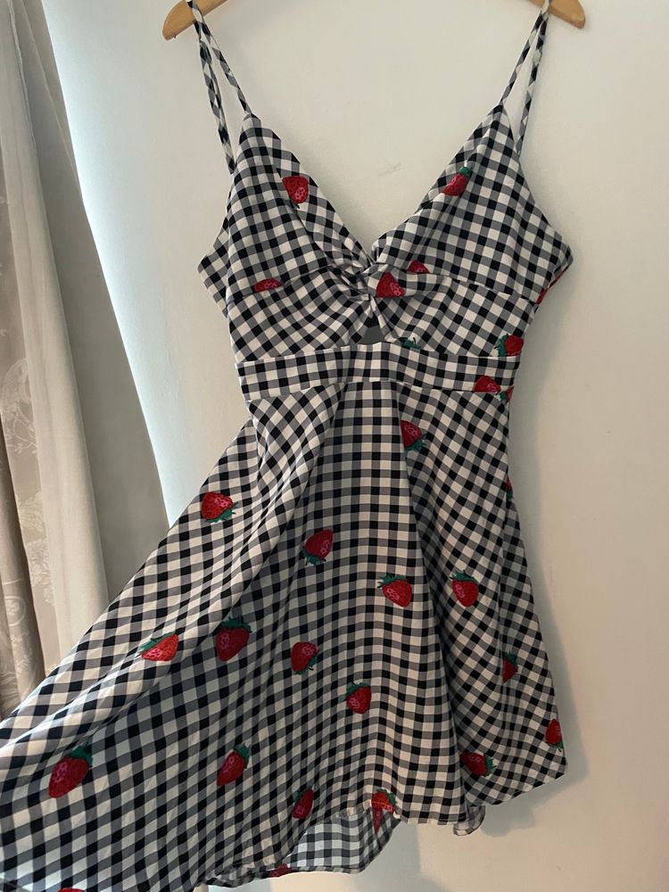 SHEIN Shein Curve Black And White Checkered Dress With Strawberry Print product image