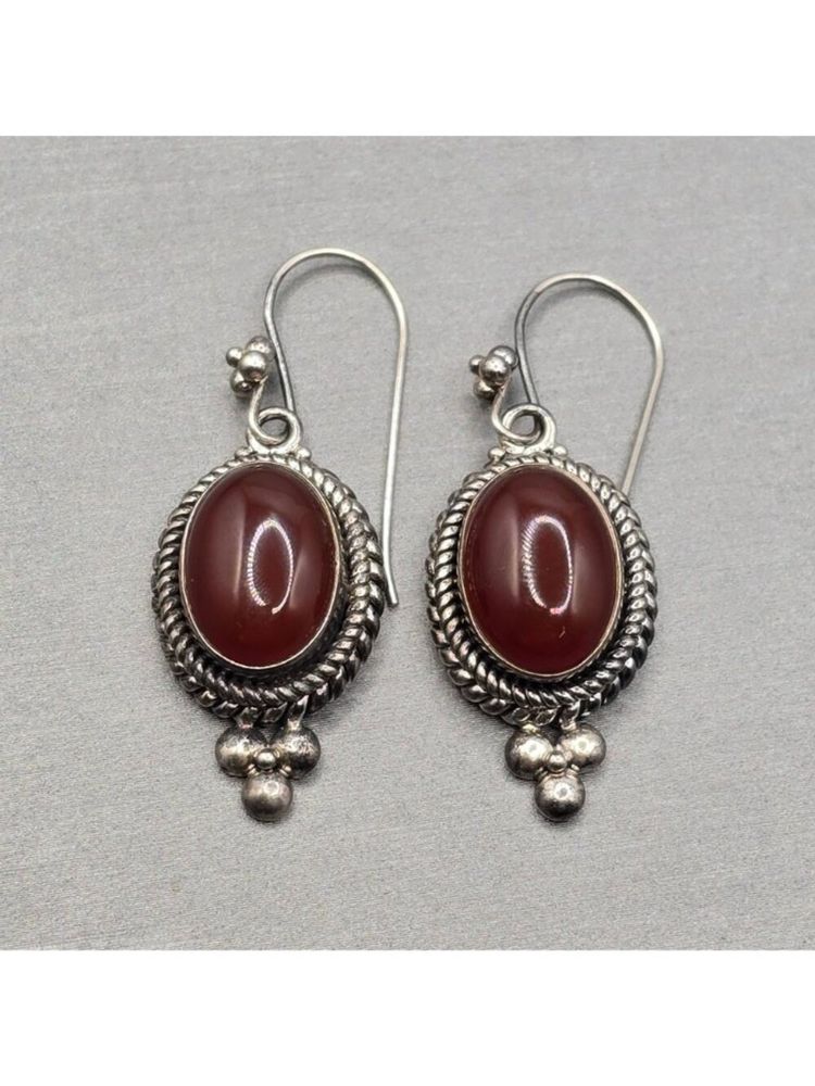 Silver Earrings With Red Oval Stones obraz 3