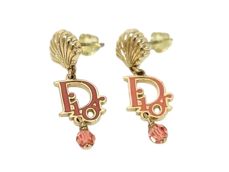 Christian Dior Gold Logo Rose Red Pink Crystal Earrings image 4