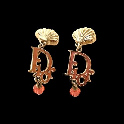 Christian Dior Gold Logo Rose Red Pink Crystal Earrings