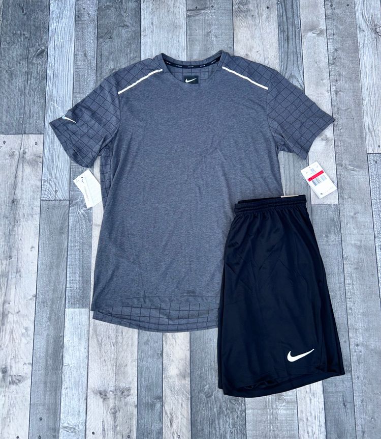 Nike Dri-Fit Graphic Miler Tshirt & Short Set ‘Graphic Charcoal Grey’ - Size Large 