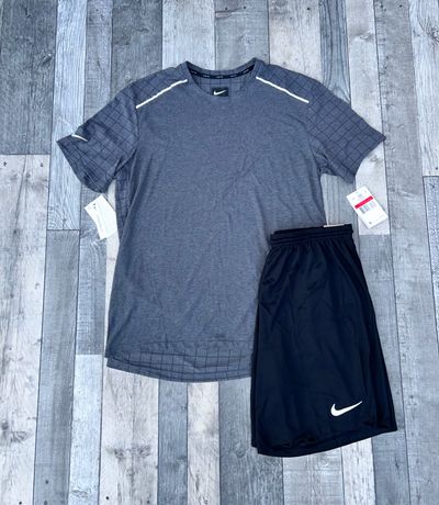 Nike Dri-Fit Graphic Miler Tshirt & Short Set ‘Graphic Charcoal Grey’ - Size Large