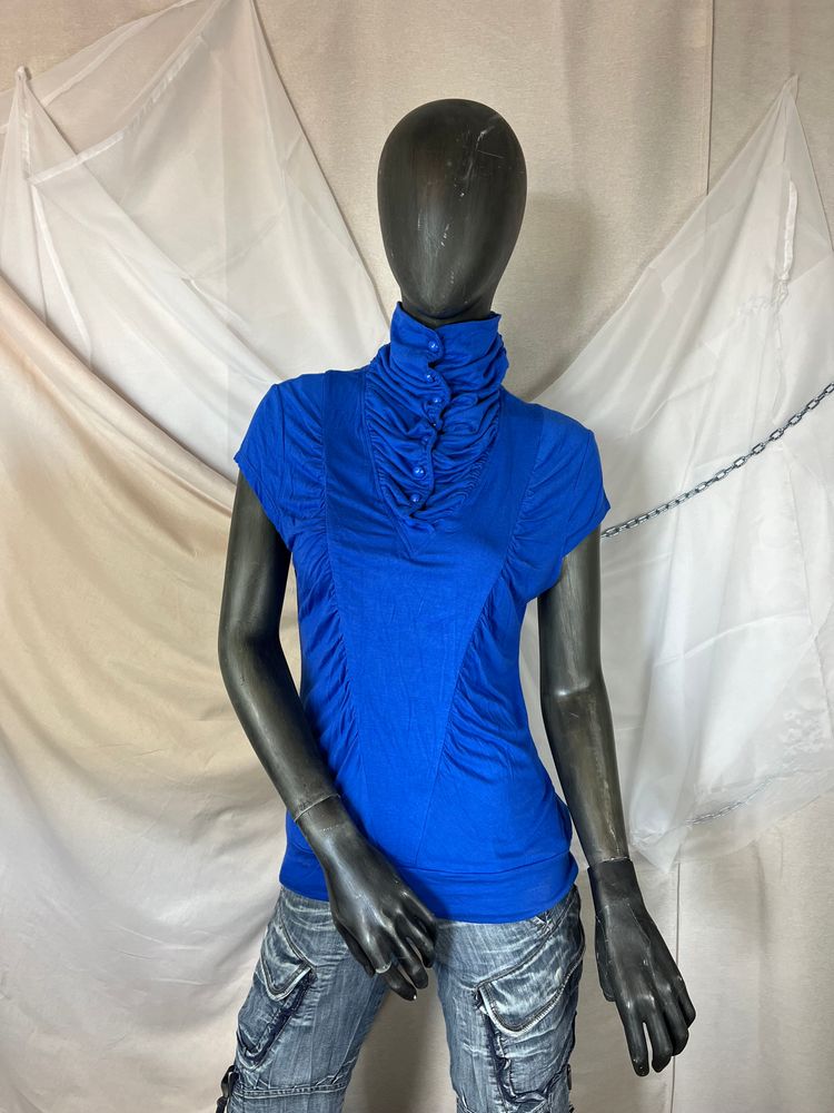 Blue Short Sleeve Top With Ruched High Collar And Button Details