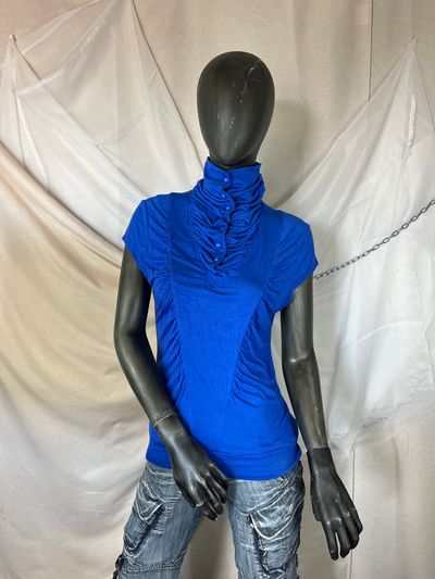 Blue Short Sleeve Top With Ruched High Collar And Button Details