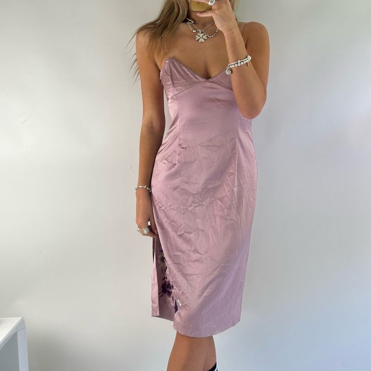 Pink Satin Max and Co  Midi Slip Dress With Floral Embroidery