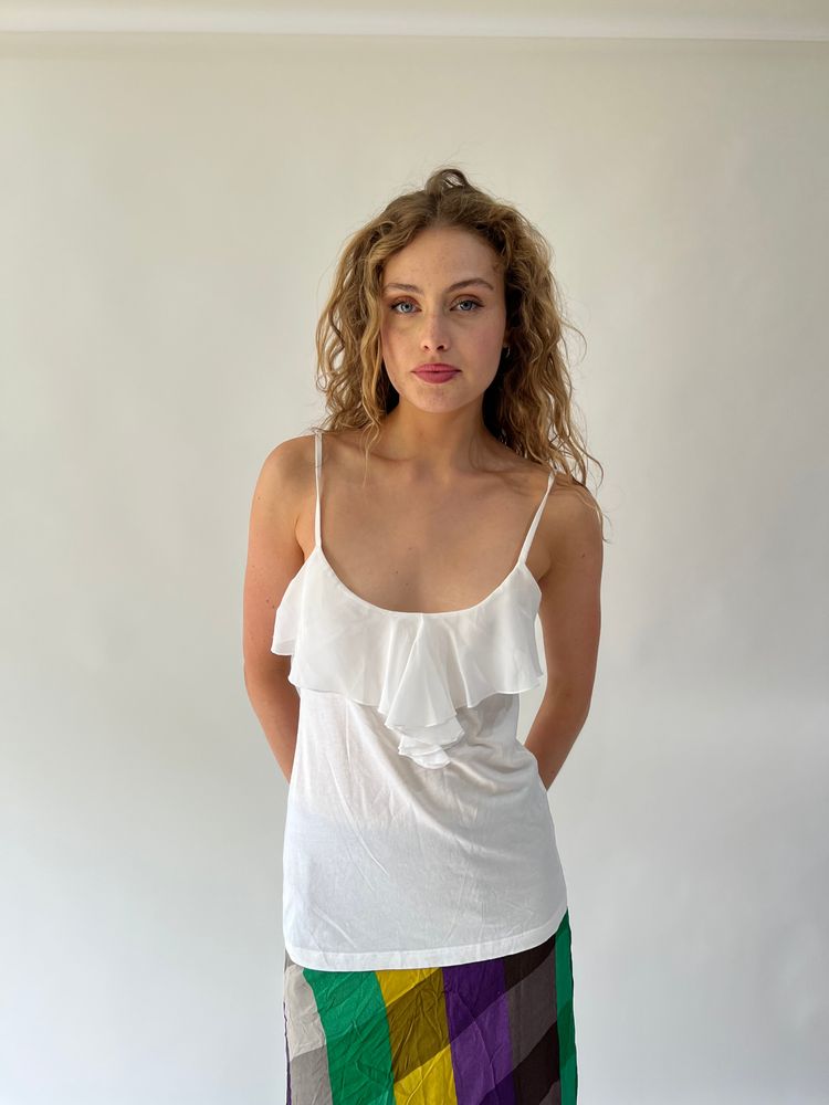 SATC drop | medium white top with ruffle neck line image 1
