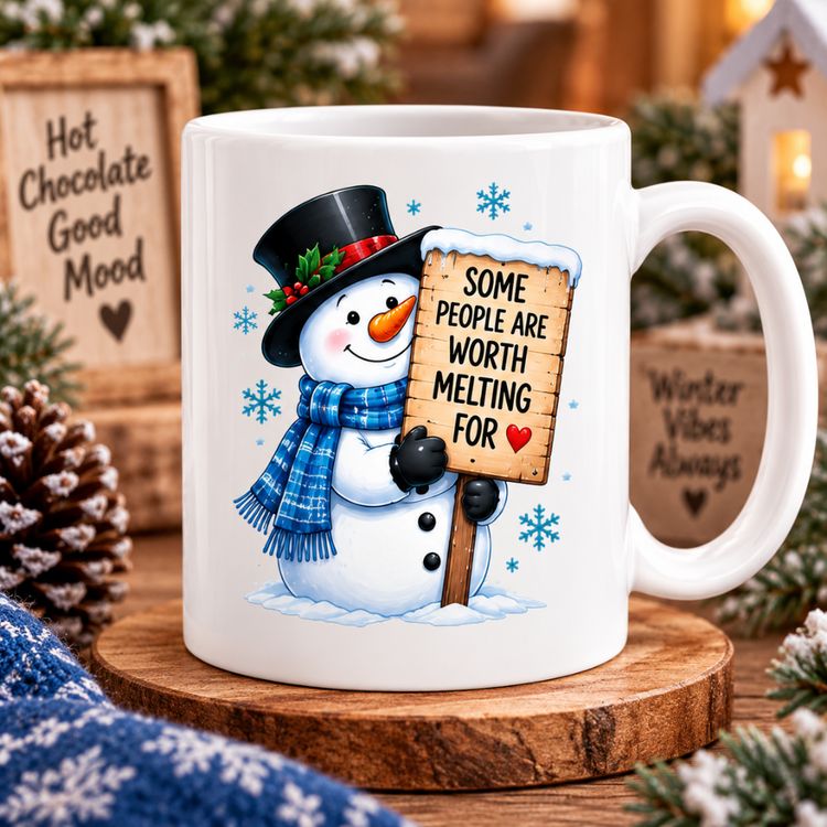Heartwarming Some People Are Worth Melting For Snowman Ceramic Coffee Mug – Cute Winter Holiday Tea Cup with Blue Scarf & Wooden Sign Quote Gift (M1233)