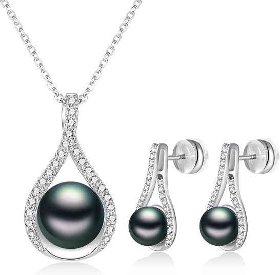 Silver Necklace And Earrings Set With Black Pearls And Crystals