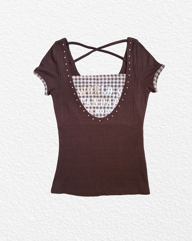 Brown Short Sleeve Top With Crisscross Back And Plaid Detail